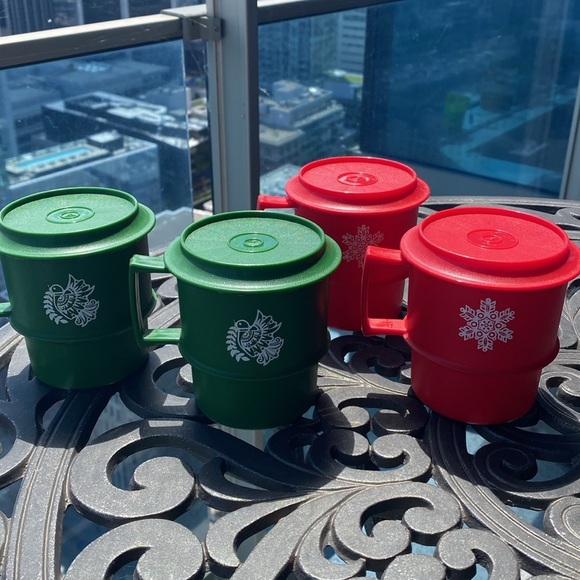 Tupperware - Vintage Cups Mugs Lids Set of 4 Red and green 1312-8 1312-7 - Picture 4 of 17